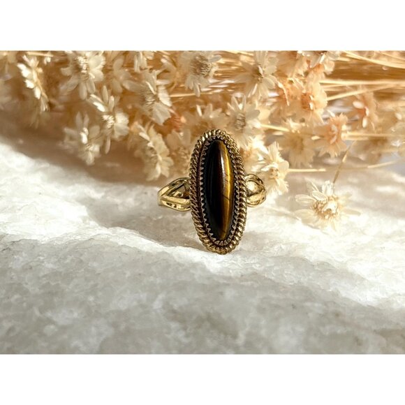Tiger's Eye Oval Vermeil Overlay 925 Sterling Silver Vintage Ring - sz 6.75 - Picture 8 of 12